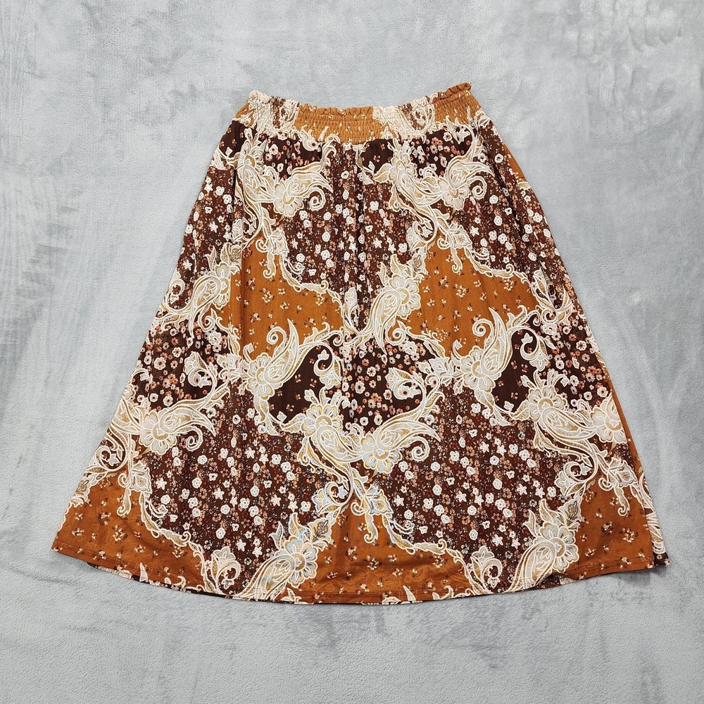 EMBER Skirt Womens M Brown Paisley A-Line Elastic Waist‎ Midi Lined Casual Boho